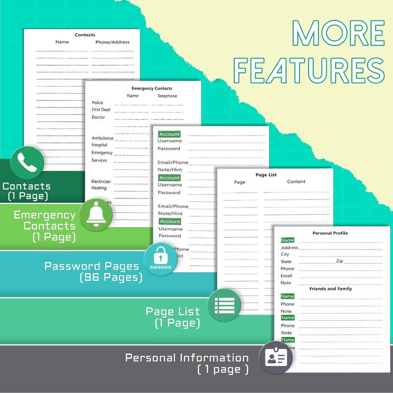 BLESWIN Password Keeper Book with Alphabetical Tabs, Small Internet Password Book for Organized, Internet Address and Password Book, Password Notebook for Home Office, Teal - Image 2